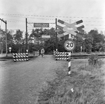 125684 Gezicht op de onbeveiligde spoorwegovergang in de Paltzerweg (voorgrond) / Berkenlaantje bij Soestduinen ...